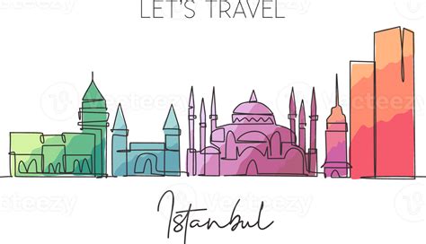 One single line drawing Istanbul city skyline, Turkey. Historical town landscape in world. Best ...