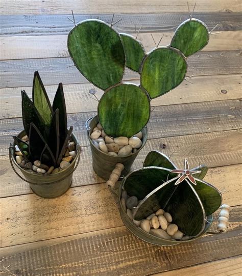 Stained Glass Cactus/succulents Set of Three in Pot - Etsy | Glass cactus, Stained glass diy ...