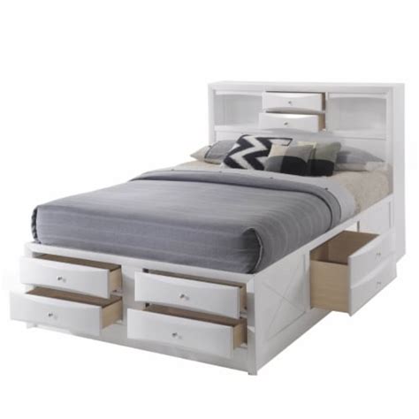 Eight Drawer Full Size Storage Bed With Bookcase Headboard, White ...