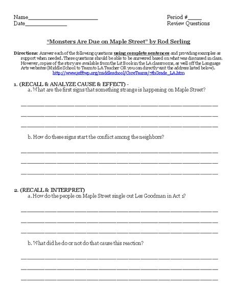 "Monsters Are Due on Maple Street" by Rod Serling Worksheet for 6th ...