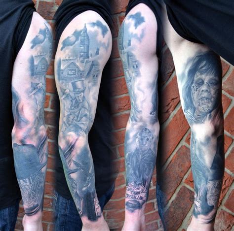 Black and Grey Horror Portrait Tattoo Sleeve by Alan Aldred: TattooNOW