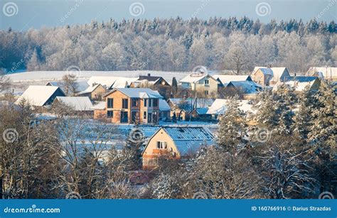 Winter Countryside, Frosty Trees and Houses of the Village Stock Photo ...