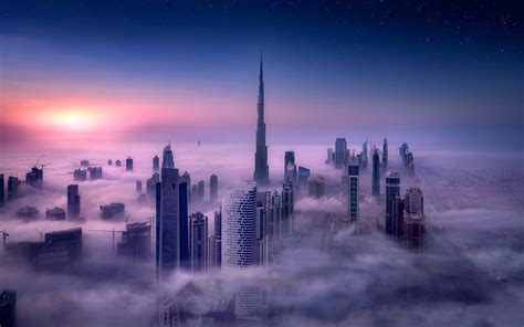 cityscape, Burj Khalifa, Dubai, City, Sunrise, Mist, Skyscraper, Building, Long exposure, Tower ...