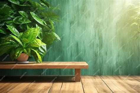 Premium AI Image | Natural Wood Table with Green Wall Background and ...