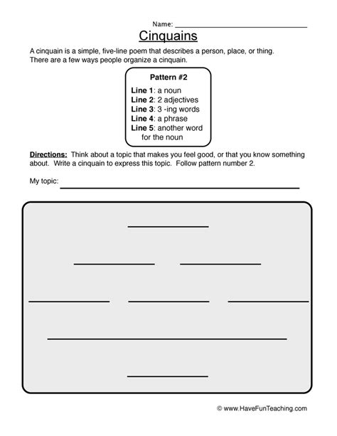 Cinquain Worksheet - Pattern 2 | Cinquain, Poem template, Writing