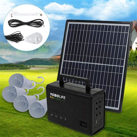 Portable Solar Panel Power Energy Storage Generator Kit 4 LED Light Bulb USB Charger 12V 4A ...