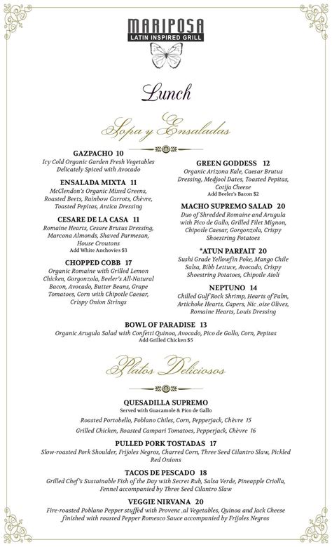 Menu at Mariposa Latin Inspired Grill steakhouse, Sedona