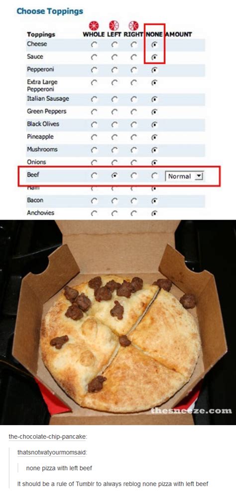 None Pizza with left beef | Pizza | Know Your Meme