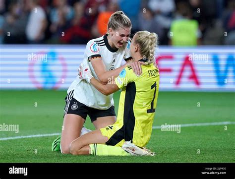 Germany's Jule Brand (left) and goalkeeper Merle Frohms celebrate after ...