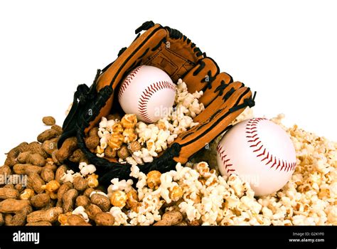 Baseball Season Game Day With Snacks Of Peanuts and Popcorn On White Background Stock Photo - Alamy