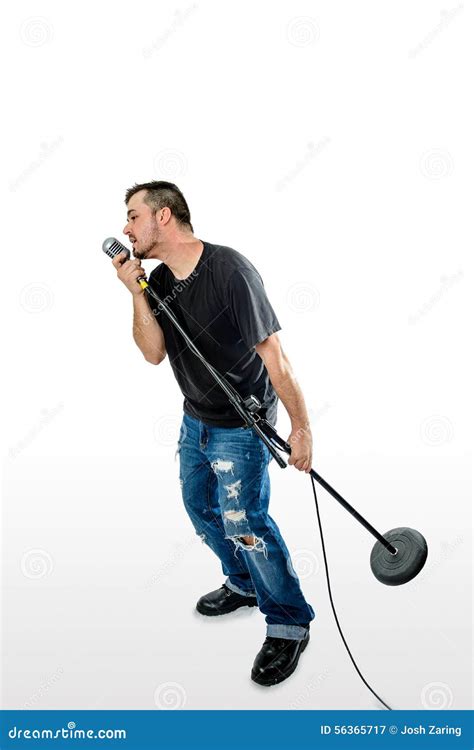 Singer Vocalist on White Leaning Lifting Mic Stand Stock Image - Image of electric, hipster ...