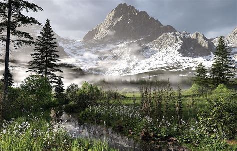 Mountains, stream, vegetation, valley, Alpine landscape HD wallpaper ...