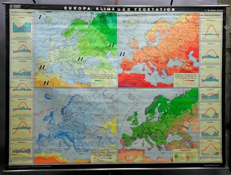 SCHOOL WALL MAP Europe Climate Vegetation Teaching Board Retro Rolling Picture Vintage Poster £ ...