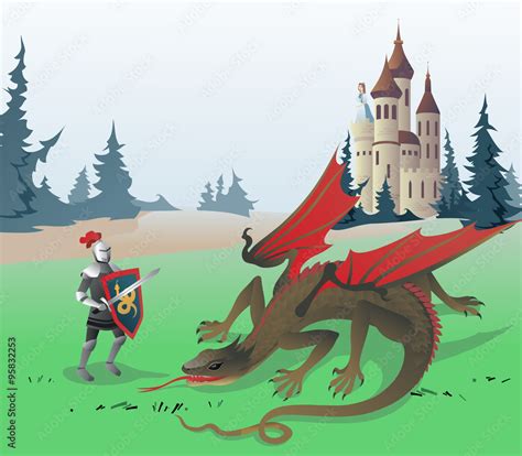 Knight fighting Dragon. The vector illustration of the Medieval Knight fighting Dragon to save ...