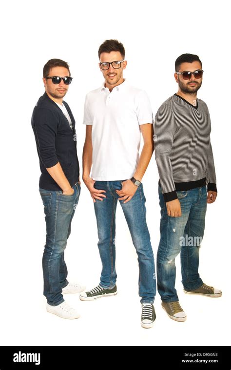 Casual group of three guys with sunglasses and eyeglasses isolated on white background Stock ...