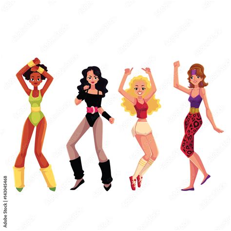 Girls, women in 80s style aerobics outfit enjoying sport dance workout, cartoon vector ...