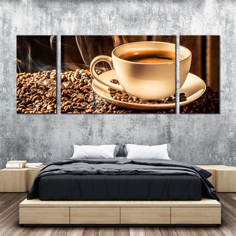 Coffee Beans Canvas Wall Art, White Coffee Cup 3 Piece Canvas Print, Brown Coffee Background ...