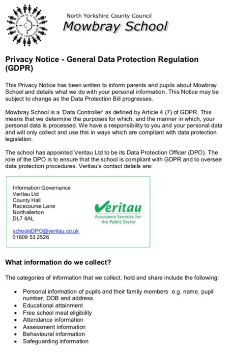 Privacy Notice & General Data Protection Regulation (GDPR) - Mowbray School