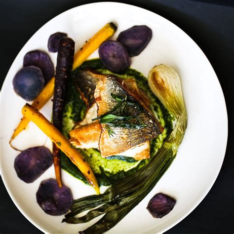 Pan-Fried Branzino Recipe with Roasted Scallions and Purple Potatoes