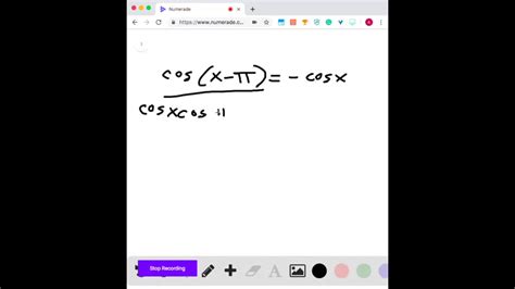 Proving ldentities Prove the identity. cos(x-π)=-cosx | Numerade