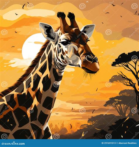 A Painting of a Giraffe with a Sunset in the Background Stock ...