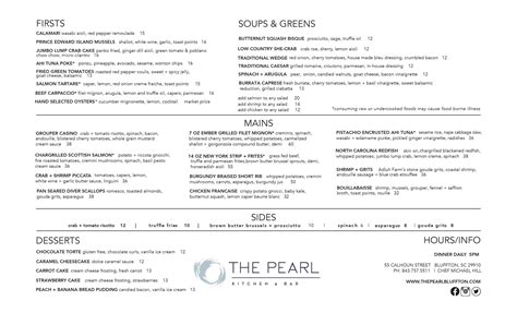 Menu — The Pearl Kitchen & Bar Bluffton, South Carolina's Coastal Restaurant