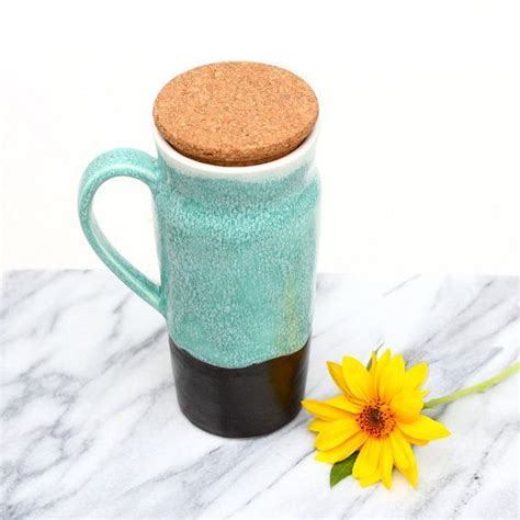 tall ceramic travel mug with handle ~ large (22oz) to-go mug with cork lid ~ turquoise / teal ...
