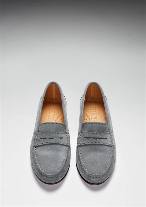 Women's Penny Loafers Leather Sole, slate grey suede - Hugs & Co.