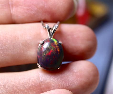 Natural black opal, black fire opal necklace, black opal pendant, birthstone jewelry, gift for ...