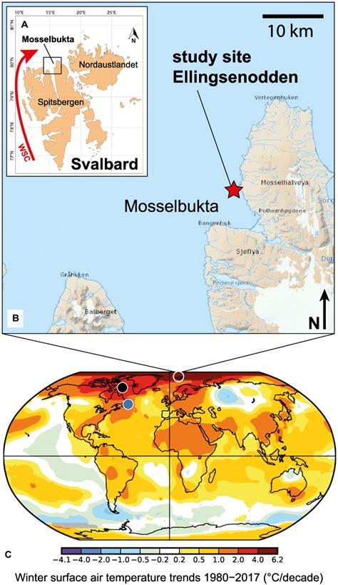 Study area and surface air temperature trends. (A) Map of Svalbard ...