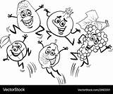 Jumping fruits cartoon coloring book Royalty Free Vector sketch template
