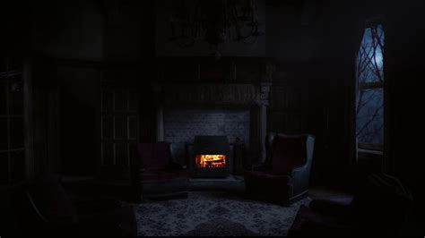 Creepy Halloween Room with Crackling Fireplace and Stormy Night Sounds - YouTube