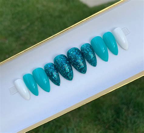 Blue Glitter Teal Nails Blue Teal White Press on Nails - Etsy