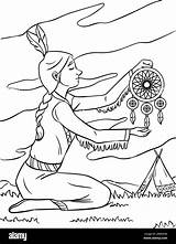 Native American Indian Girl Dreamcatcher Coloring Stock Vector Image  sketch template