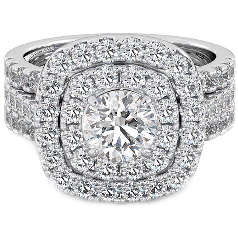925 Silver Ladies 3 piece Double Halo Wedding Bridal Ring Set