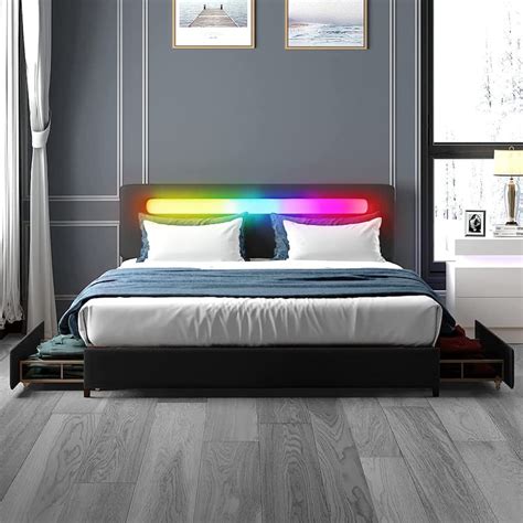 Mixoy Upholstered Platform Bed Frame with Smart LED Lights,PVC Fabric ...