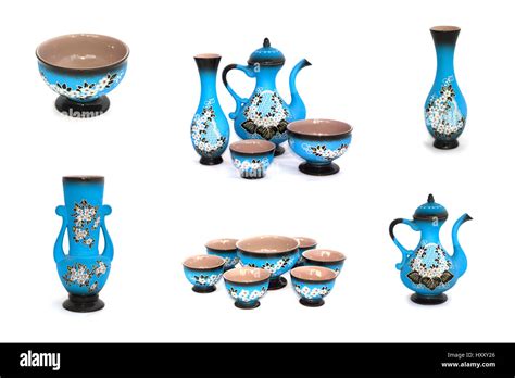 Collage of blue ceramic vases isolated on white background Stock Photo ...