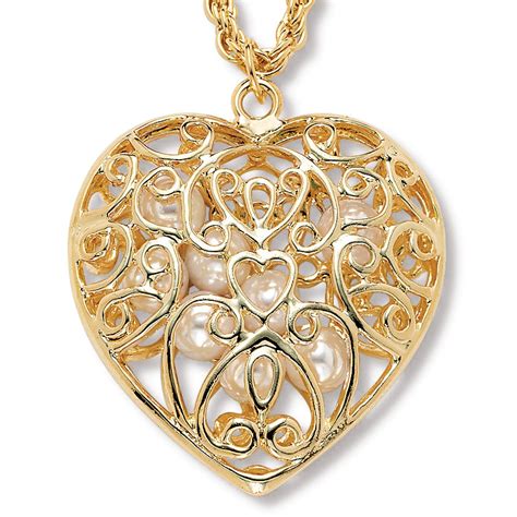 PalmBeach Jewelry Simulated Pearl Filigree Heart Pendant Necklace in Yellow Gold Tone 30"