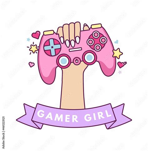 Gamer girl kawaii vector illustration with hand holding a pink gaming ...