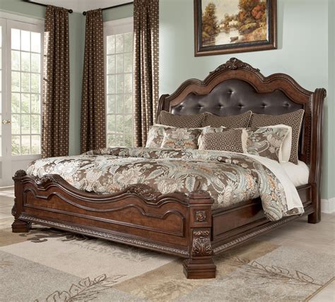 Ledelle Queen Sleigh Headboard Bed with Upholstered Faux Leather in Brown in 2021 | King size ...