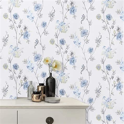 17.7”×118”Blue Decor Floral Wallpaper Modern Floral Peel and Stick ...