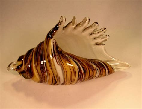 Beautiful Large 10 1/2" Long Vintage Murano Glass Hand Blown Conch Sea Shell with Ribbons of ...