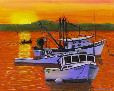 Maine Fishing Boats At Sunset Port Clyde Painting Painting by Keith ...