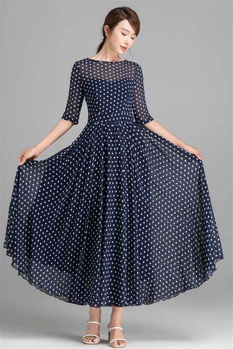 Blue and White Polka Dot Maxi Dress Fit and Flare Chiffon | Etsy