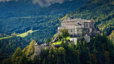 Wallpaper : nature, landscape, trees, forest, mist, clouds, Hohenwerfen Castle, Austria ...