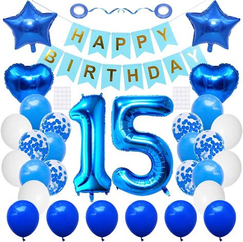 Huture 15 Birthday Party Supplies Blue Number 15 Foil Balloon Happy Birthday Banner Kit 15th ...