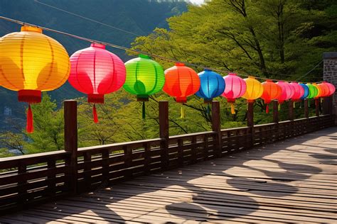 Colorful Chinese Lanterns Are Hanging From A Wooden Walkway In Front Of ...