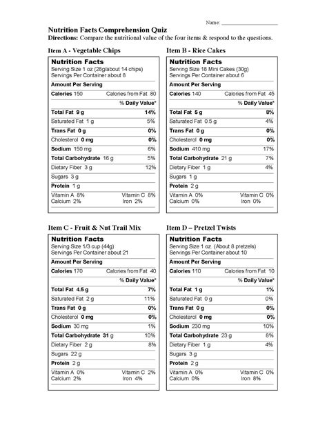 Nutrition Reading Prehension Worksheets - Nutrition Ftempo