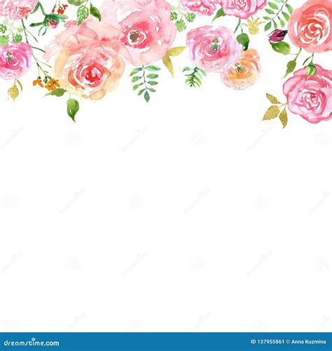 Watercolor Spring Floral Header with Hand Painted Blush Pink Roses and ...