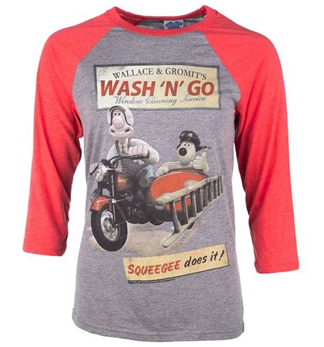 Wallace And Gromit Wash N Go Heather Grey And Red Raglan Baseball T-Shirt